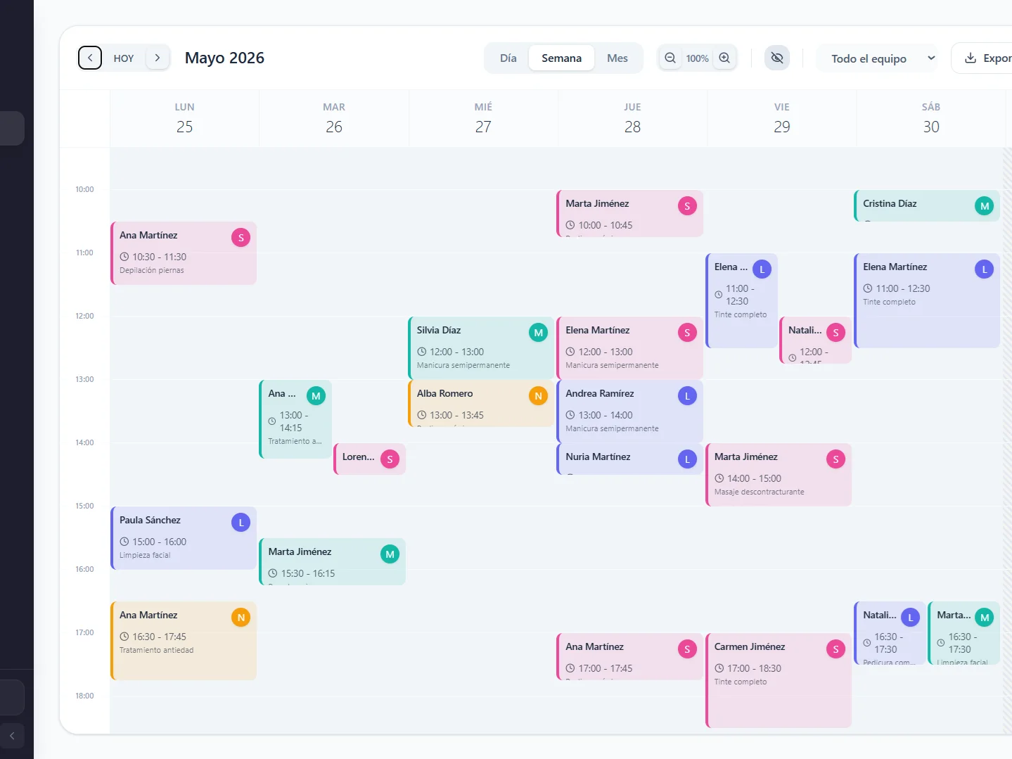 Vista del calendario semanal con citas de colores